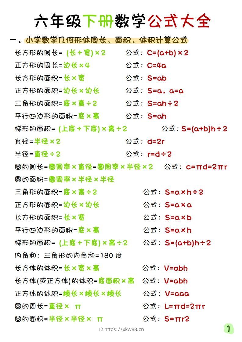 《六年级下册数学寒假预习必背重点公式》六下数学(1)-佑学宝学科网