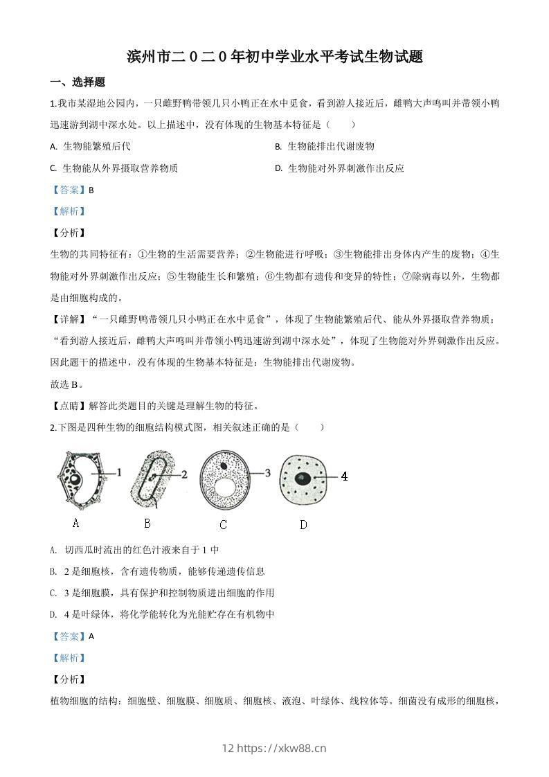 山东省滨州市2020年中考生物试题（含答案）-佑学宝学科网