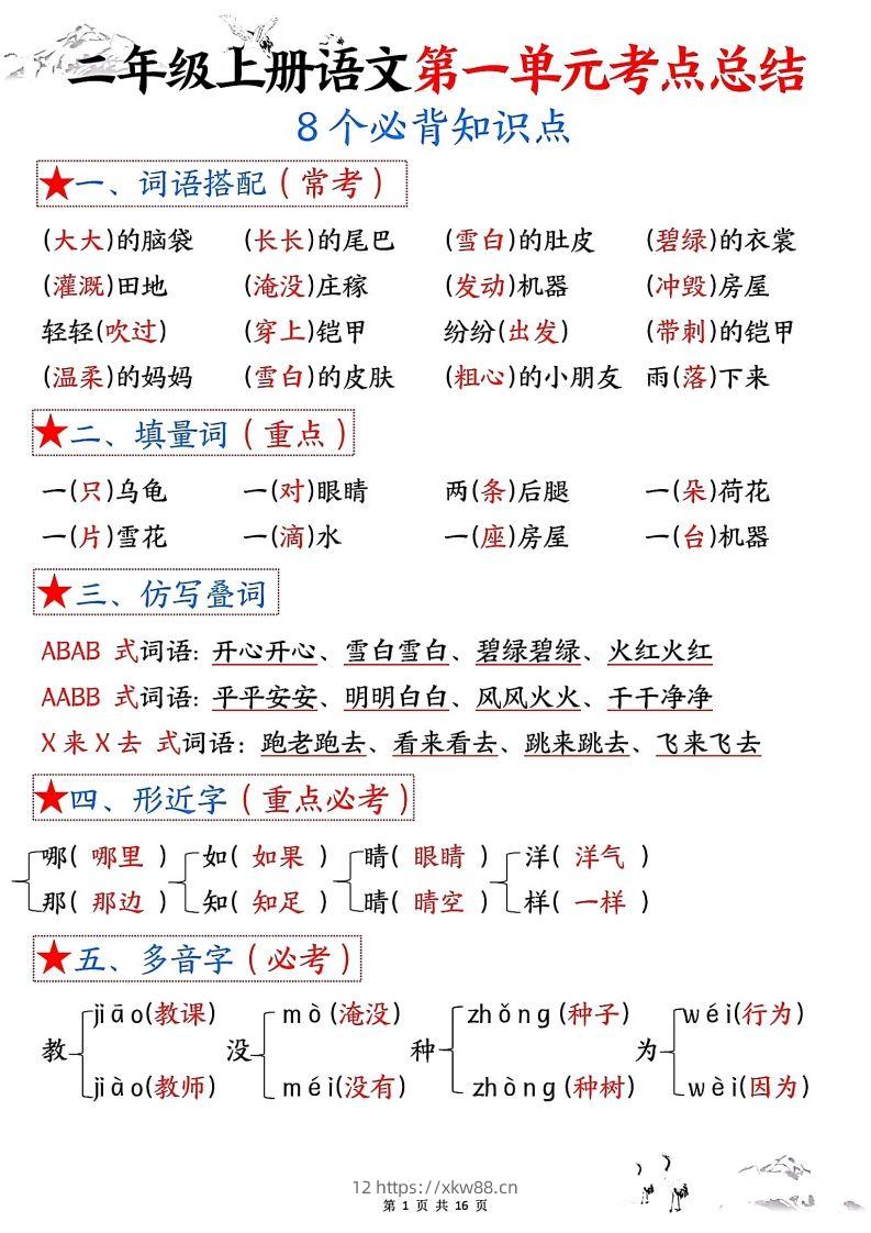 二年级上册语文1-8单元考点总结-佑学宝学科网