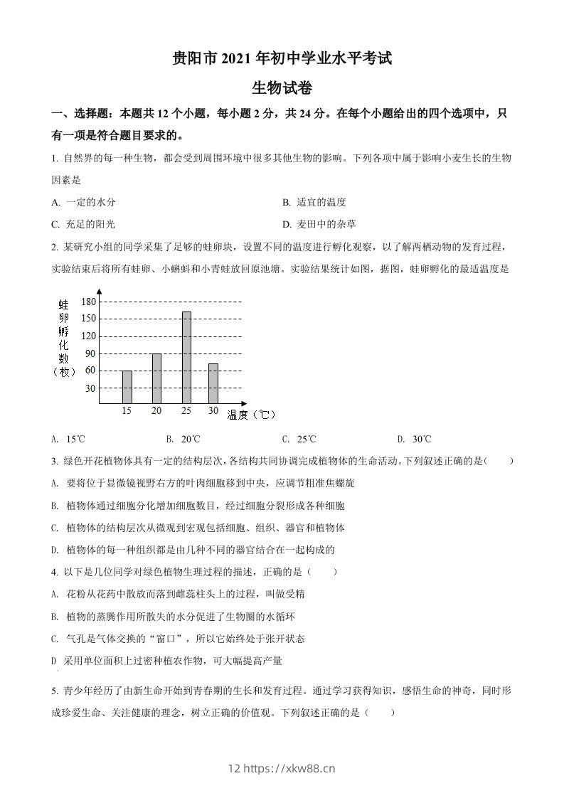 贵州省贵阳市2021年中考生物试题（空白卷）-佑学宝学科网