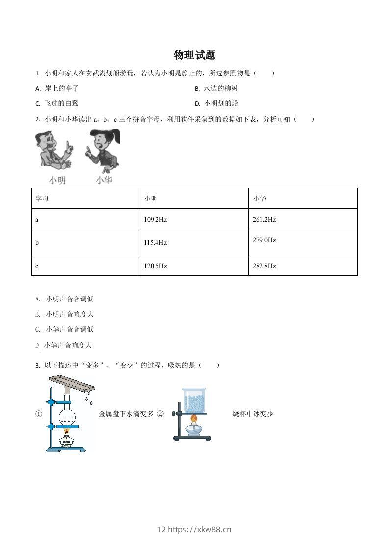 江苏省南京市2021年中考物理试题（空白卷）-佑学宝学科网