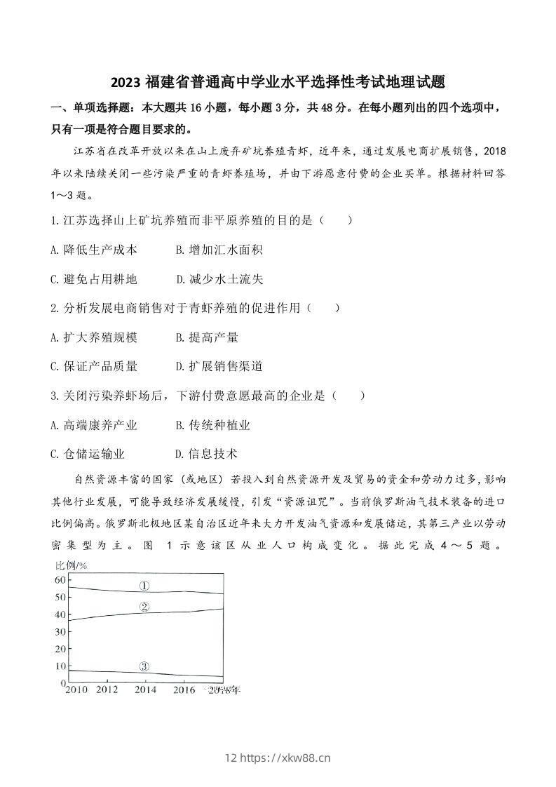 2023年高考地理试卷（福建）（含答案）-佑学宝学科网