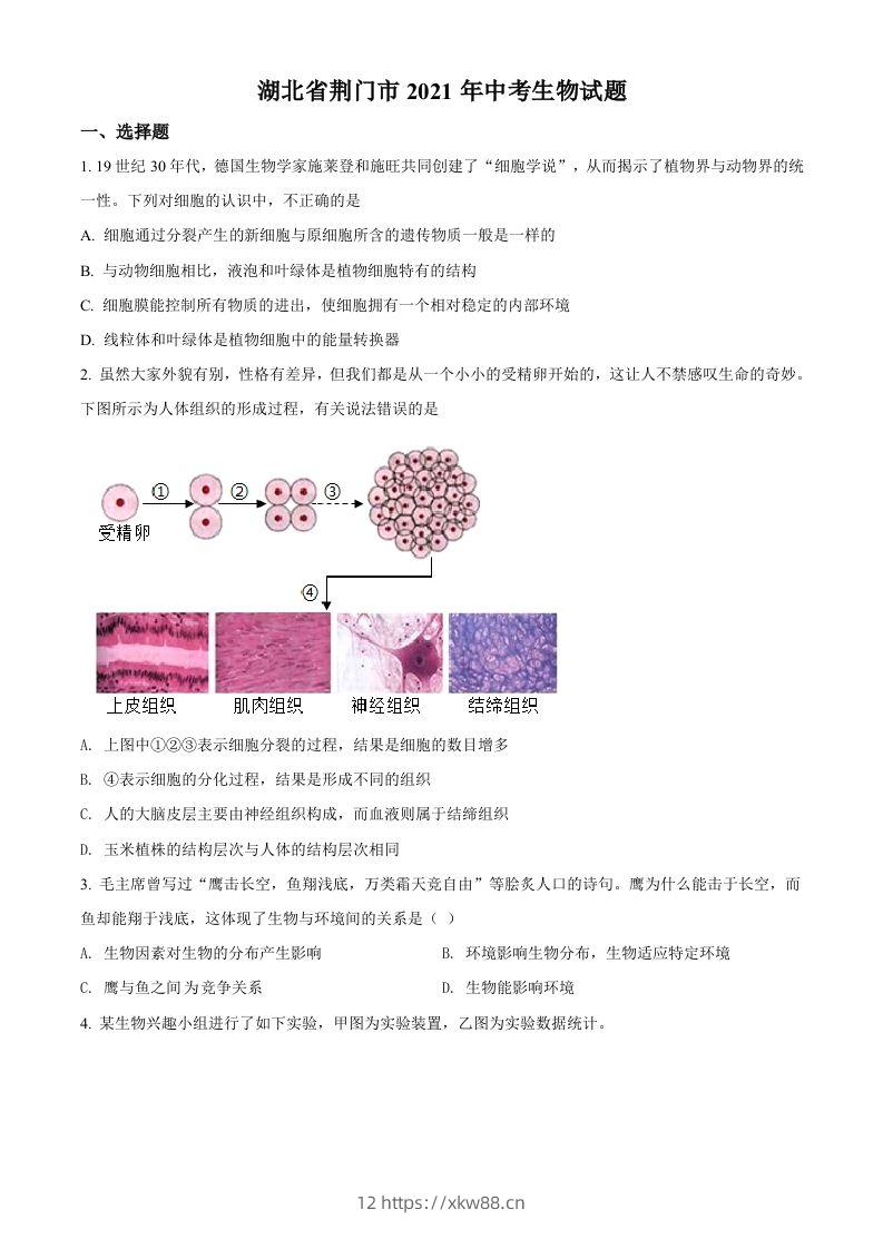 湖北省荆门市2021年中考生物试题（空白卷）-佑学宝学科网