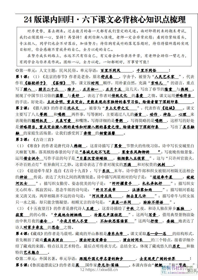 六年级下册课文必背核心知识点梳理-佑学宝学科网