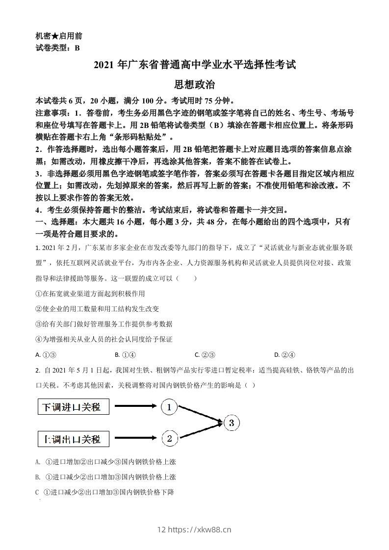 2021年高考政治试卷（广东）（空白卷）-佑学宝学科网