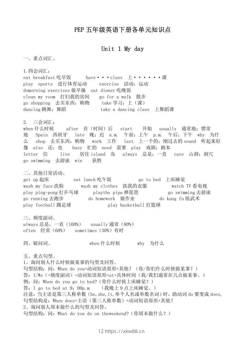 五年级英语下册五英下知识点21页（人教PEP版）-佑学宝学科网