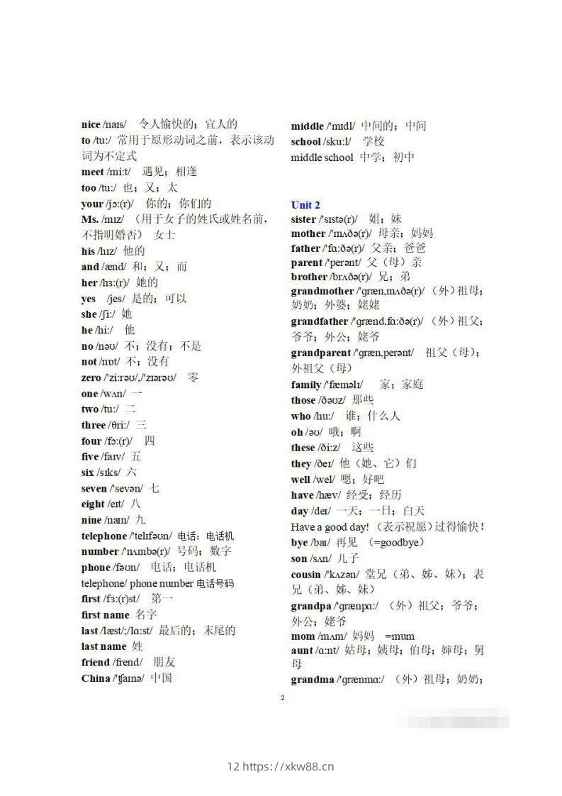 图片[2]-初一英语上册：全册《单词表》（分单元、带音标、词意）-佑学宝学科网