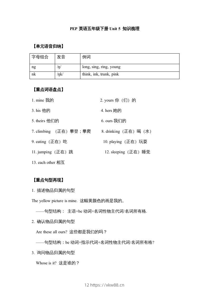 五年级英语下册【完美】单元知识梳理-Unit5Whosedogisit（人教PEP版）-佑学宝学科网