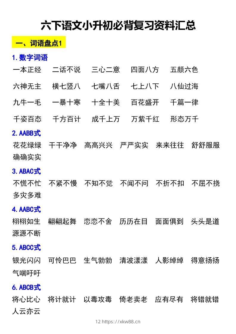 六下语文小升初必背复习资料汇总-佑学宝学科网