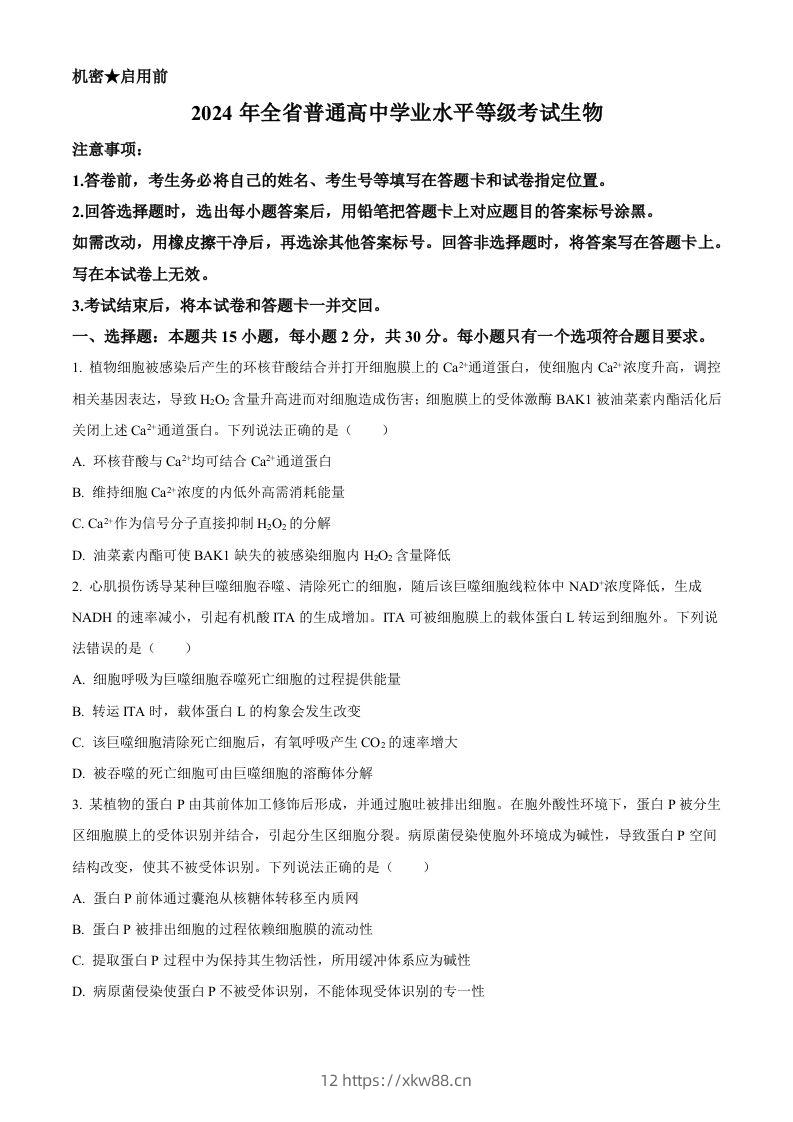 2024年高考生物试卷（山东）（空白卷）-佑学宝学科网