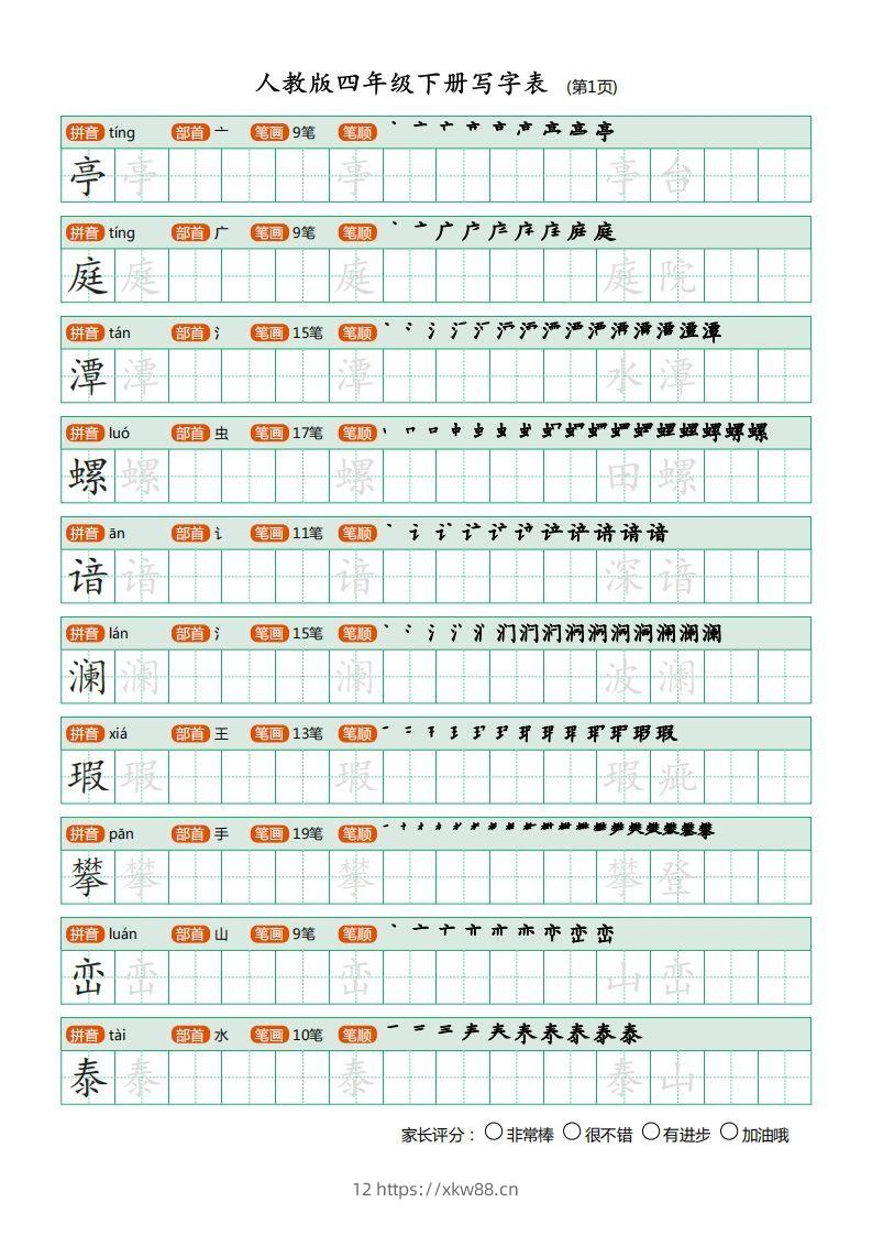 四年级语文下册写字表（20页）PDF（部编版）-佑学宝学科网