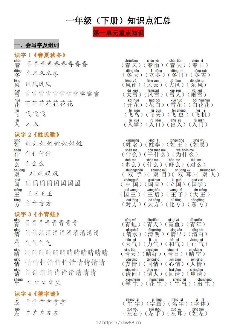 一年级（下册）知识点汇总-佑学宝学科网