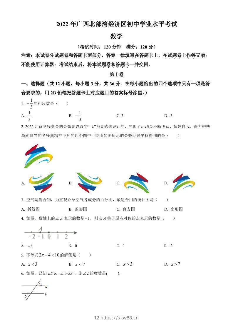 2022年广西北部湾经济区中考数学真题（空白卷）-佑学宝学科网