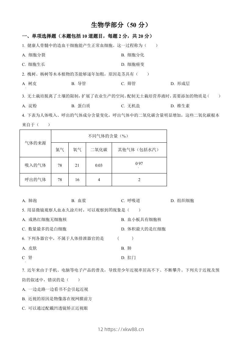 2024年甘肃省天水市中考生物试题（空白卷）-佑学宝学科网