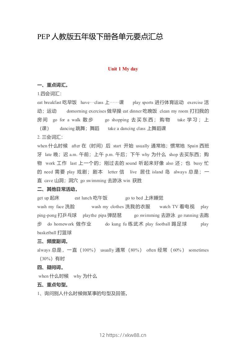 五年级英语下册素材-各单元要点汇总（人教PEP版）-佑学宝学科网