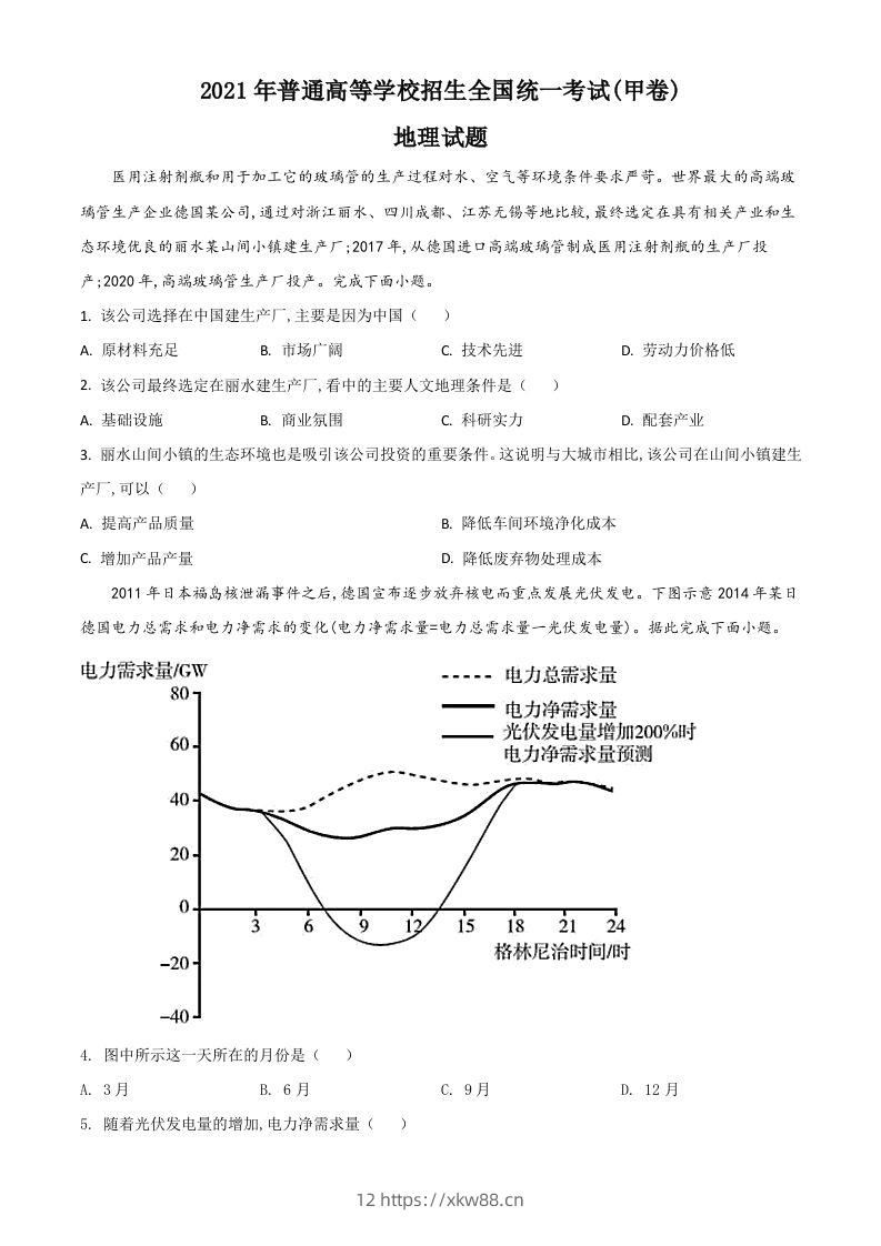 2021年高考地理试卷（全国甲卷）（空白卷）-佑学宝学科网
