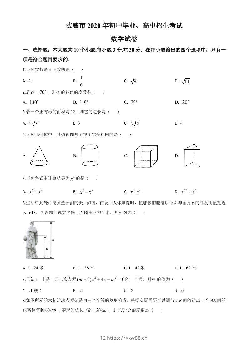 甘肃省武威市2020年中考数学试题（空白卷）-佑学宝学科网