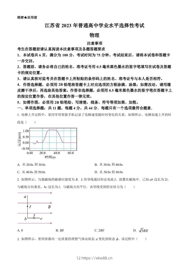 2023年高考物理试卷（江苏）（空白卷）-佑学宝学科网