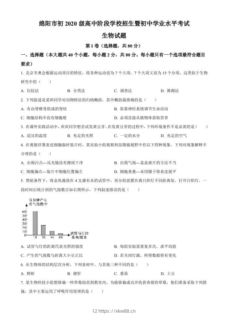 2022年四川省绵阳市中考生物真题（空白卷）-佑学宝学科网