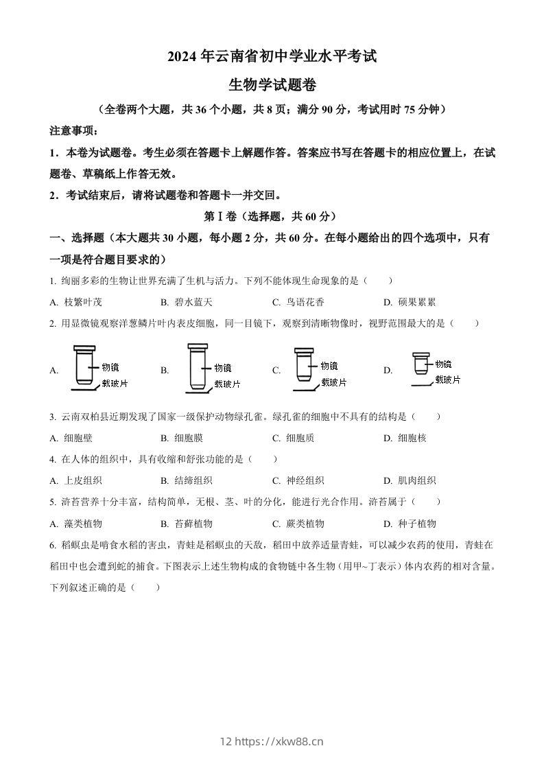 2024年云南省中考生物真题（空白卷）-佑学宝学科网