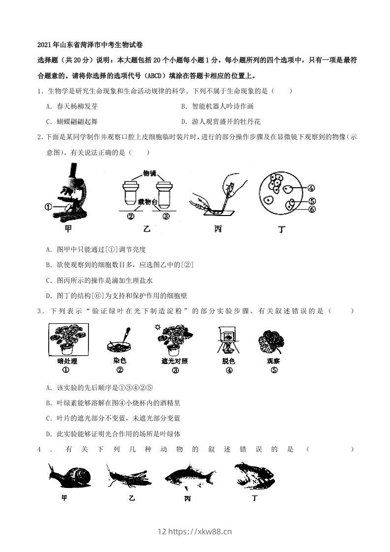 2021年山东省菏泽市中考生物真题（word，含答案）-佑学宝学科网