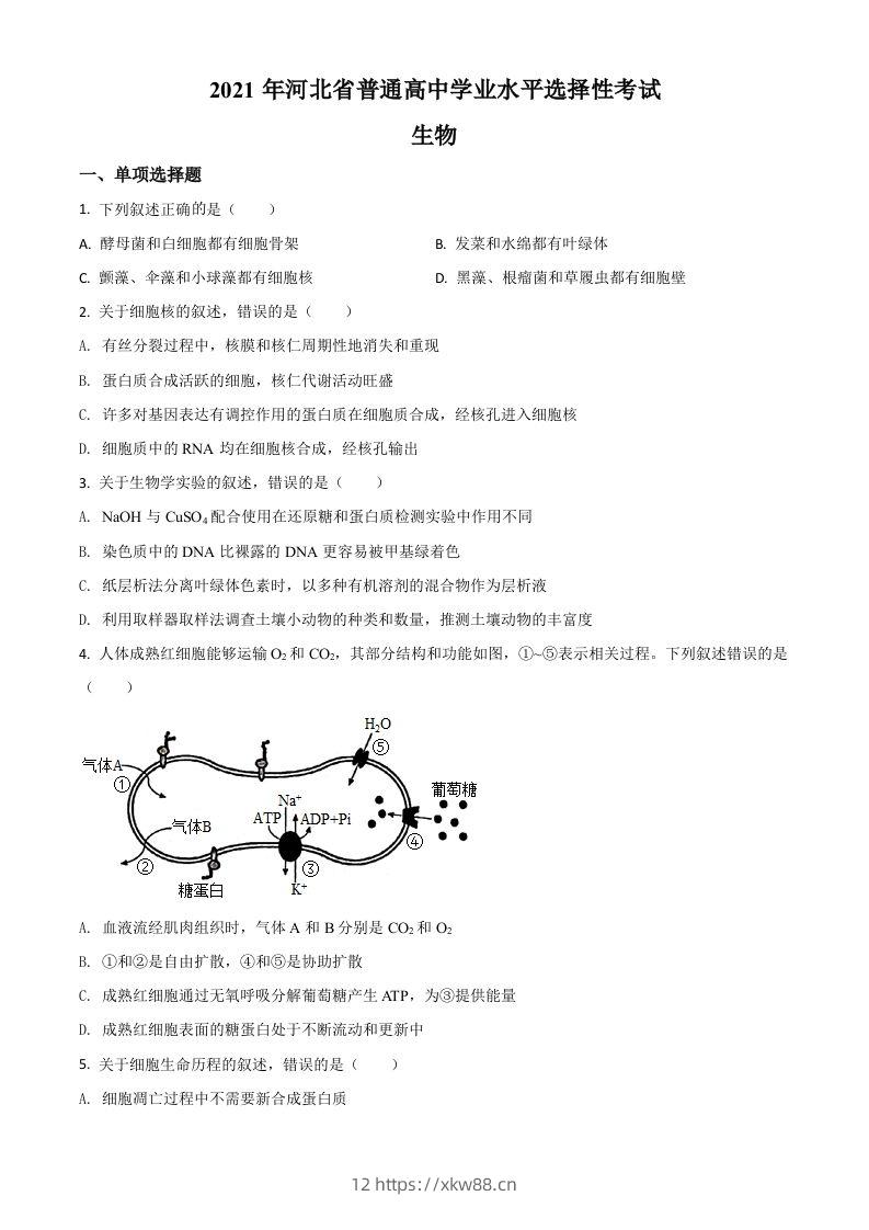2021年高考生物试卷（河北）（空白卷）-佑学宝学科网