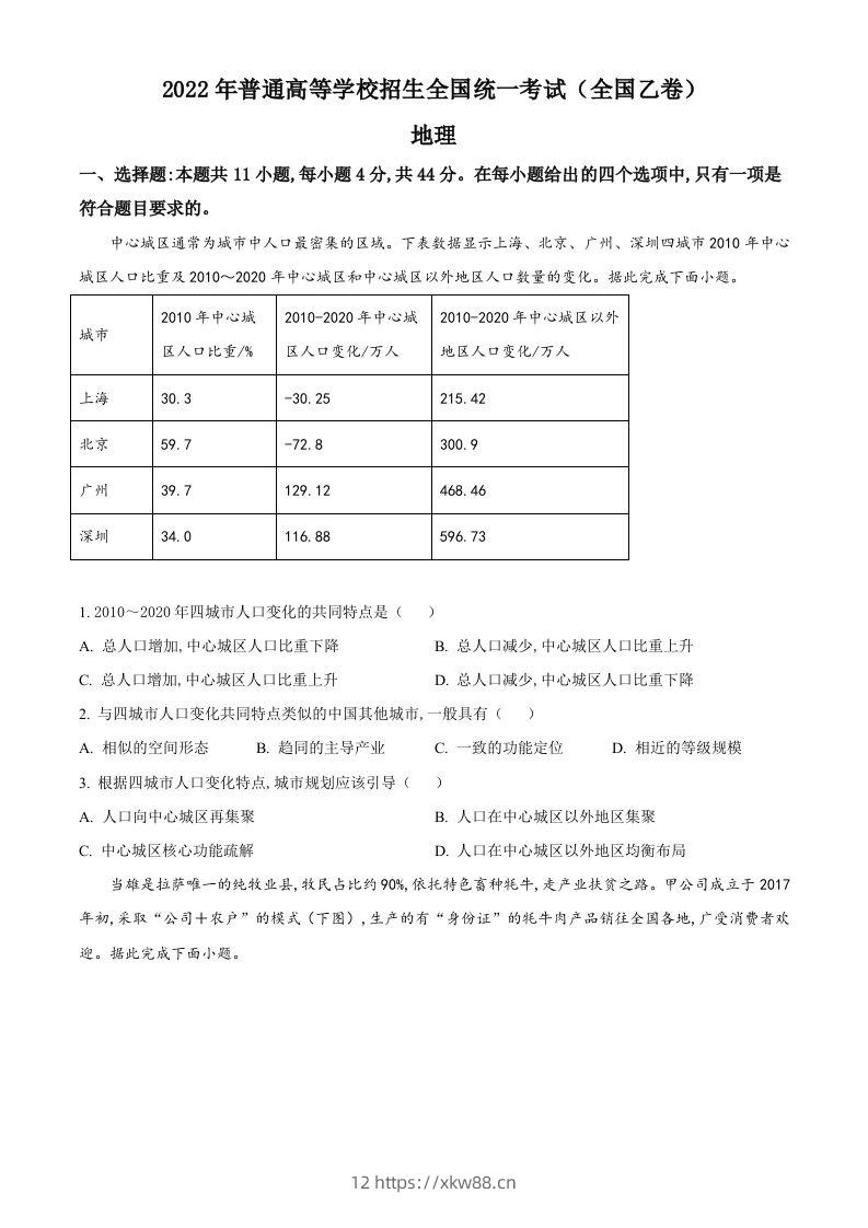 2022年高考地理试卷（全国乙卷）（空白卷）-佑学宝学科网
