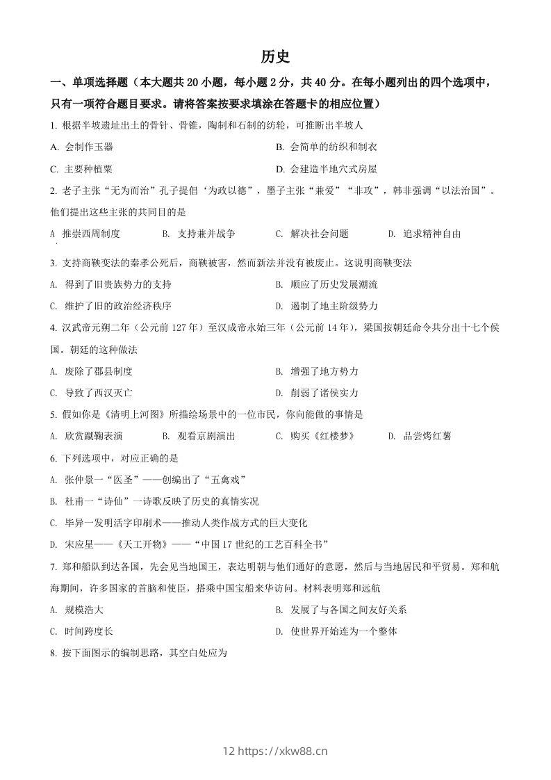 2022年江西省中考历史真题（空白卷）-佑学宝学科网