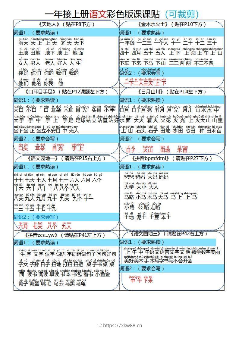 24秋一年级上册语文彩色课课贴-佑学宝学科网