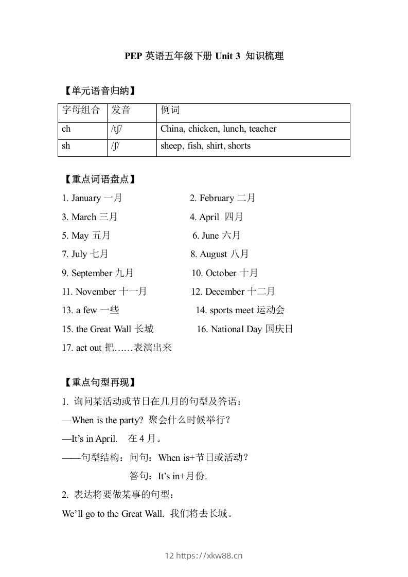 五年级英语下册单元知识梳理-Unit3Myschoolcalendar（人教PEP版）-佑学宝学科网
