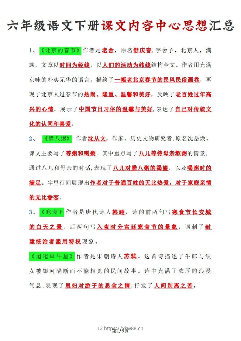 【课文内容中心思想汇总】六下语文-佑学宝学科网