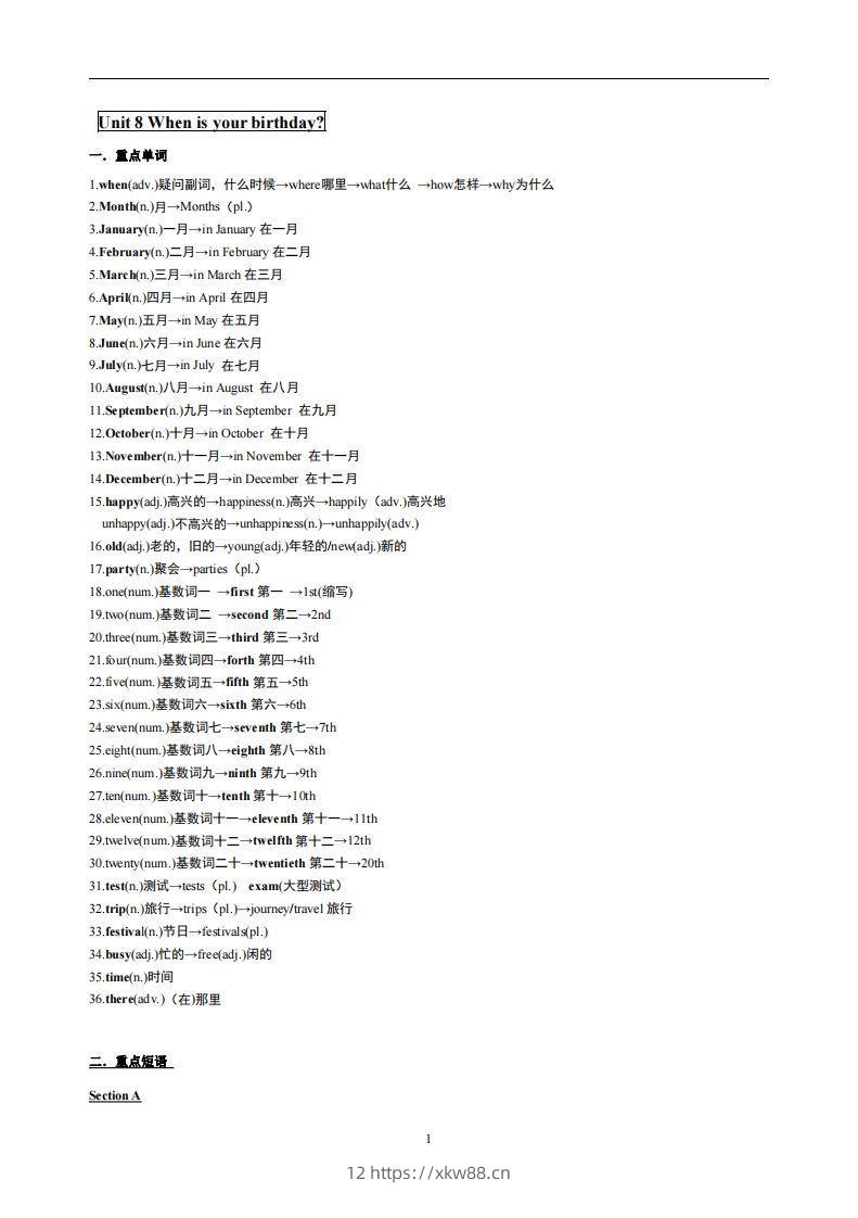 8.人教版七年级上英语Unit8复习提纲-佑学宝学科网