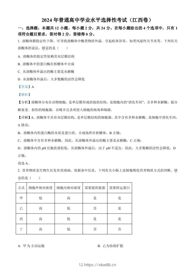 2024年高考生物试卷（江西）（含答案）-佑学宝学科网