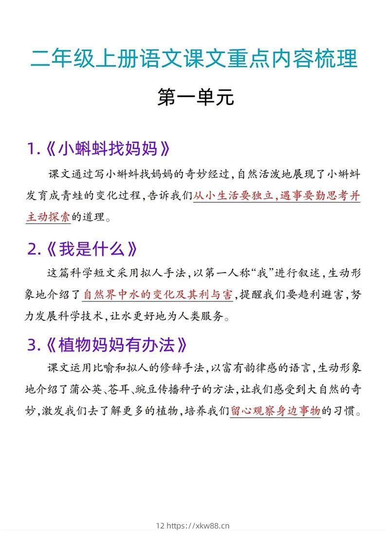 二年级语文上册课文重点内容梳理-佑学宝学科网