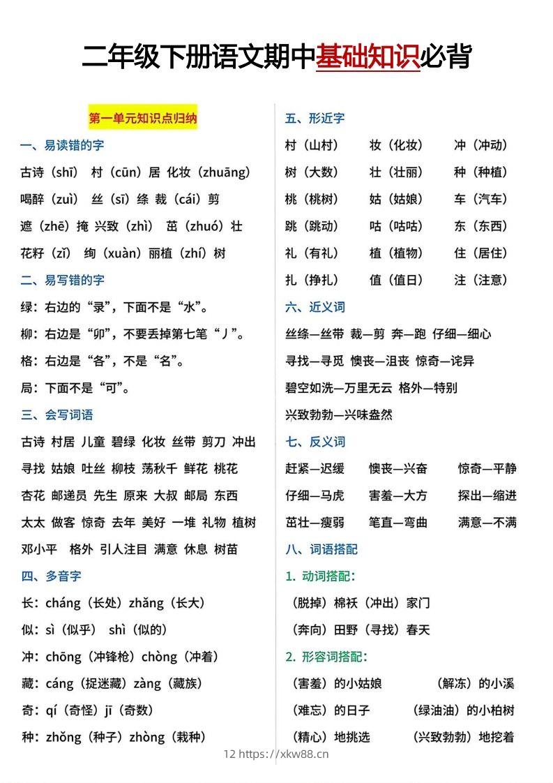 二年级下册期中基础知识必背-佑学宝学科网