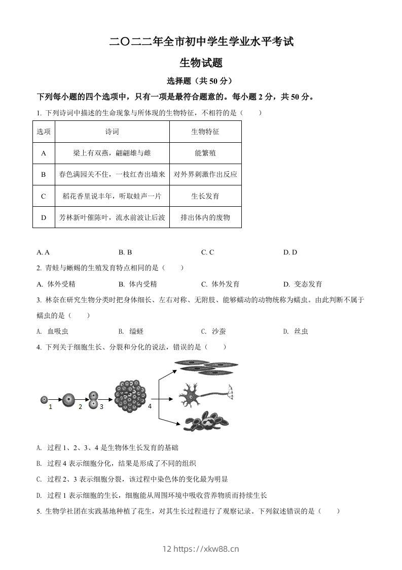 2022年山东省聊城市中考生物真题（空白卷）-佑学宝学科网