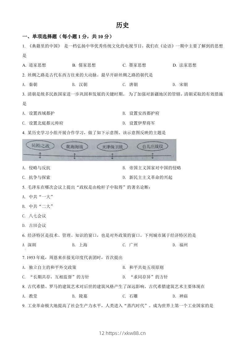 2022年吉林省中考历史真题（空白卷）-佑学宝学科网