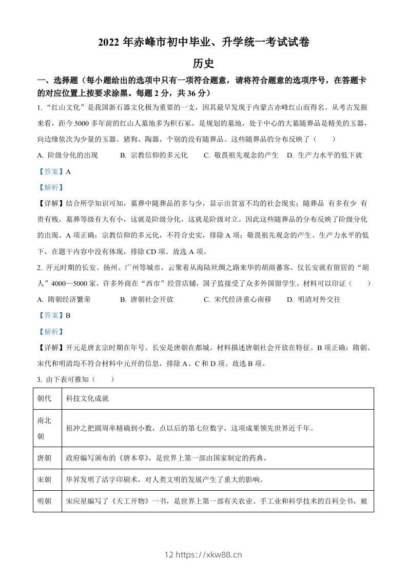 2022年内蒙古赤峰市中考历史真题（含答案）-佑学宝学科网