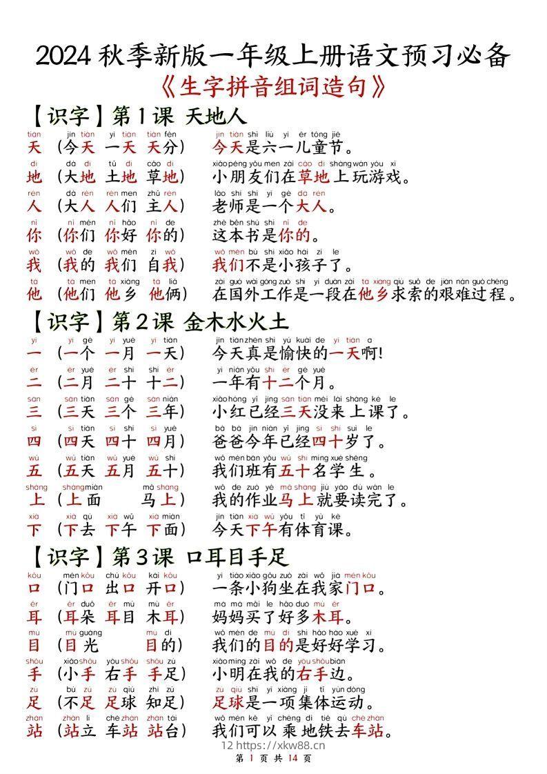 一年级上册语文单元知识要点之生字拼音组词造句-佑学宝学科网