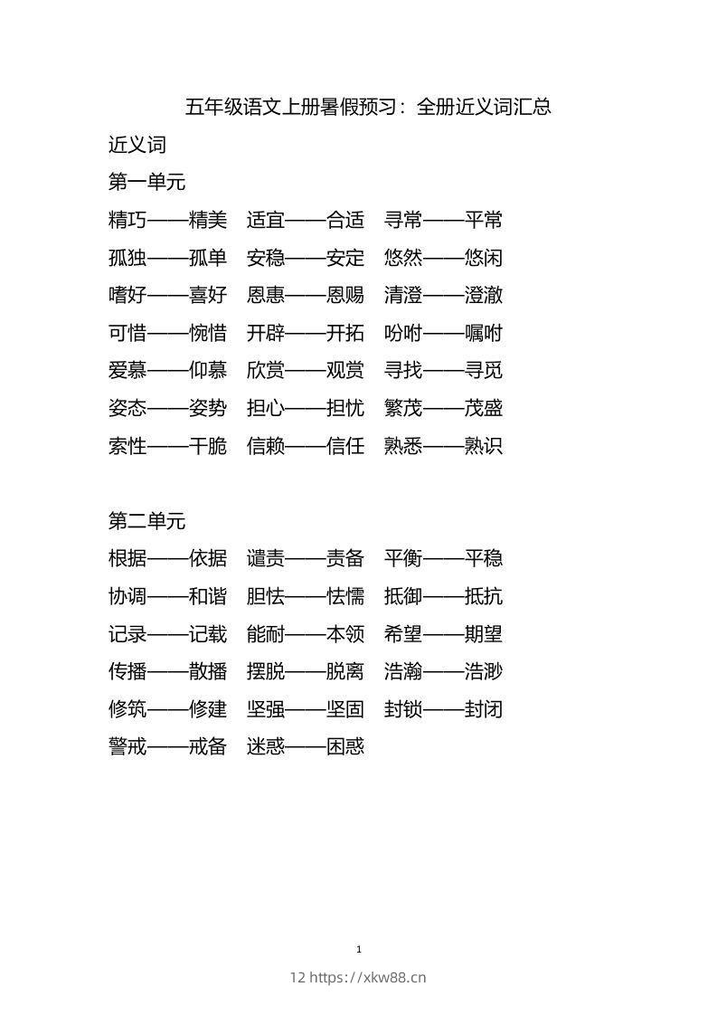 五上语文近.反义词汇总-佑学宝学科网