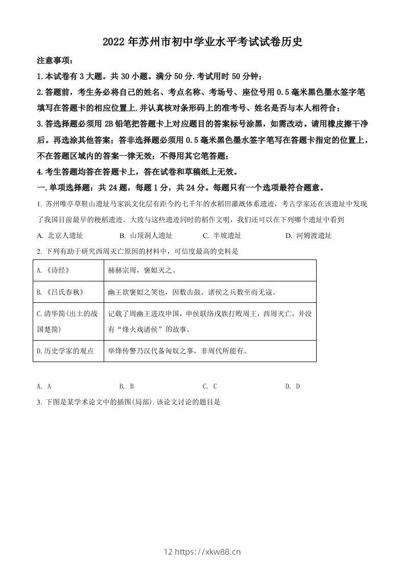 2022年江苏省苏州市中考历史真题（空白卷）-佑学宝学科网
