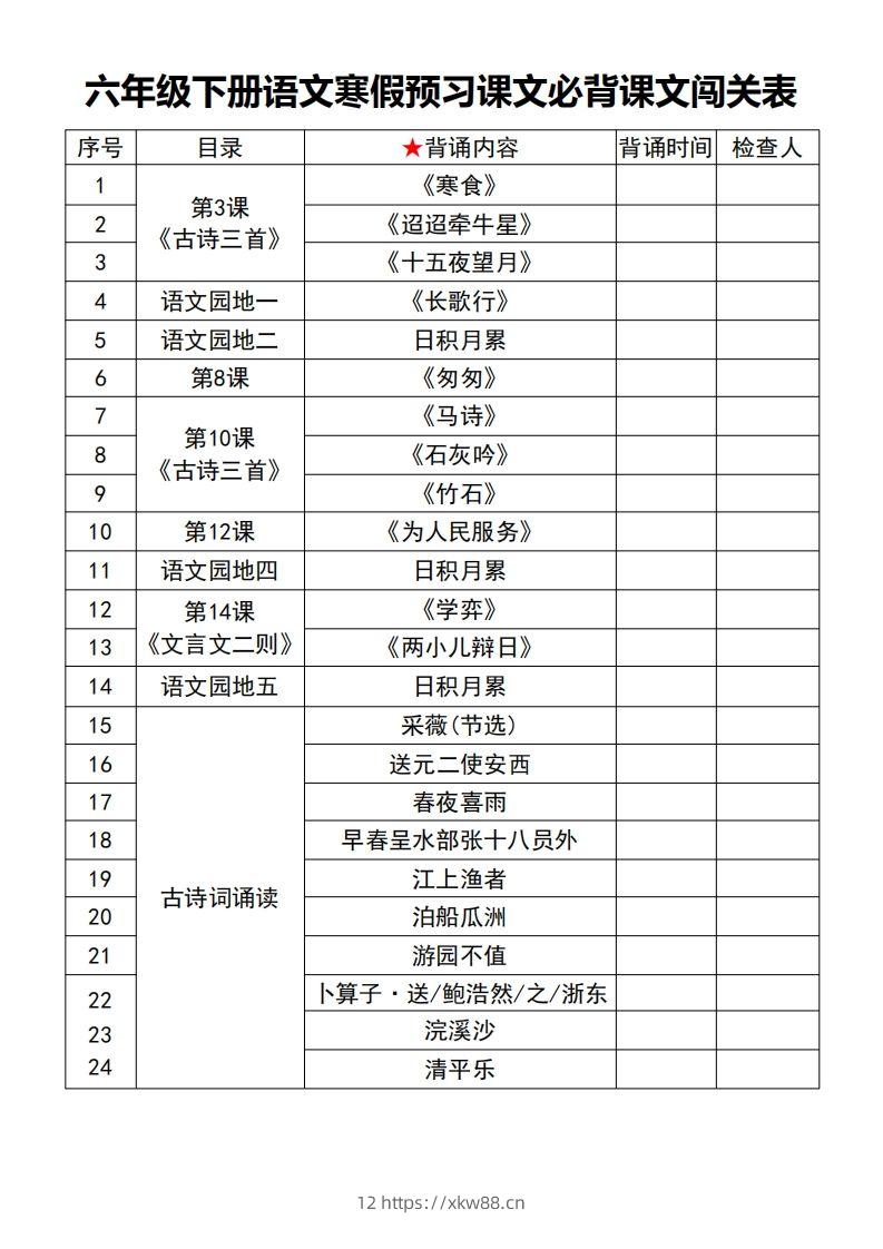 六年级【语文寒假预习】课文必背课文闯关表7页-佑学宝学科网