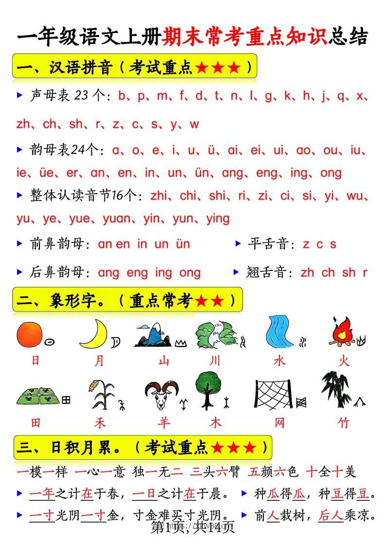 一年级语文上册期末常考重点知识总结-佑学宝学科网