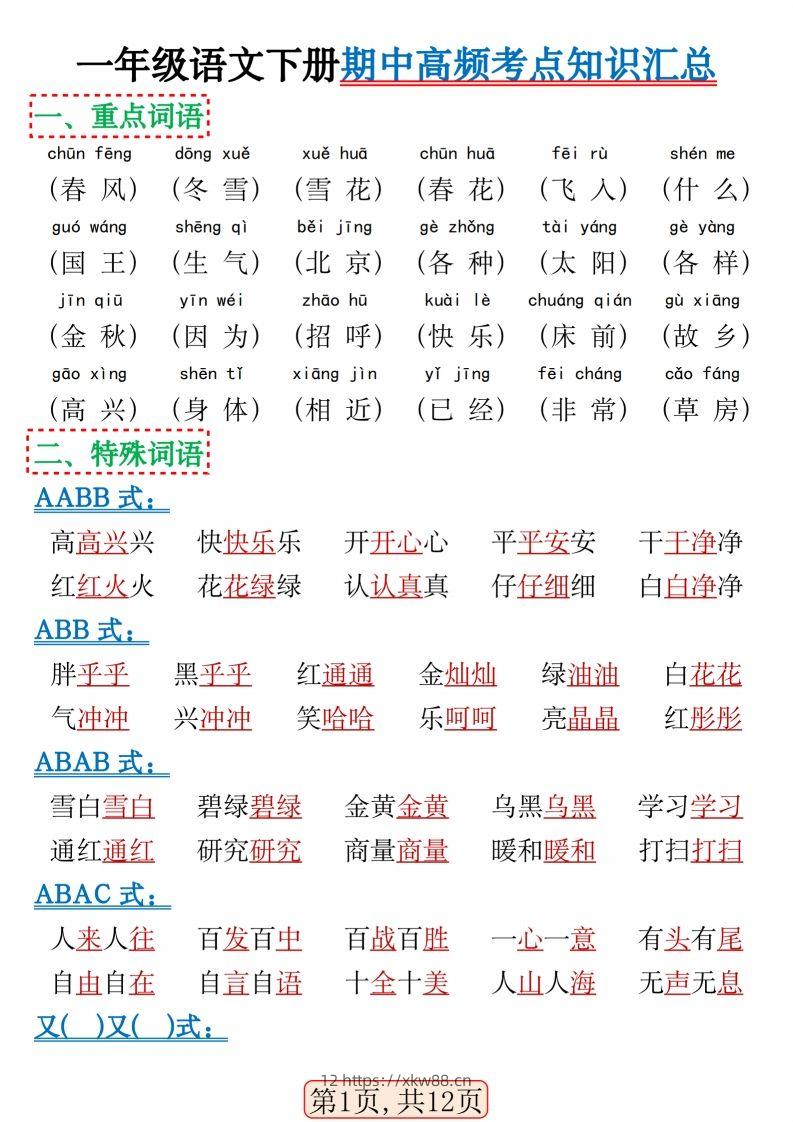 一年级语文下册期中高频考点知识汇总(1)(2)-佑学宝学科网