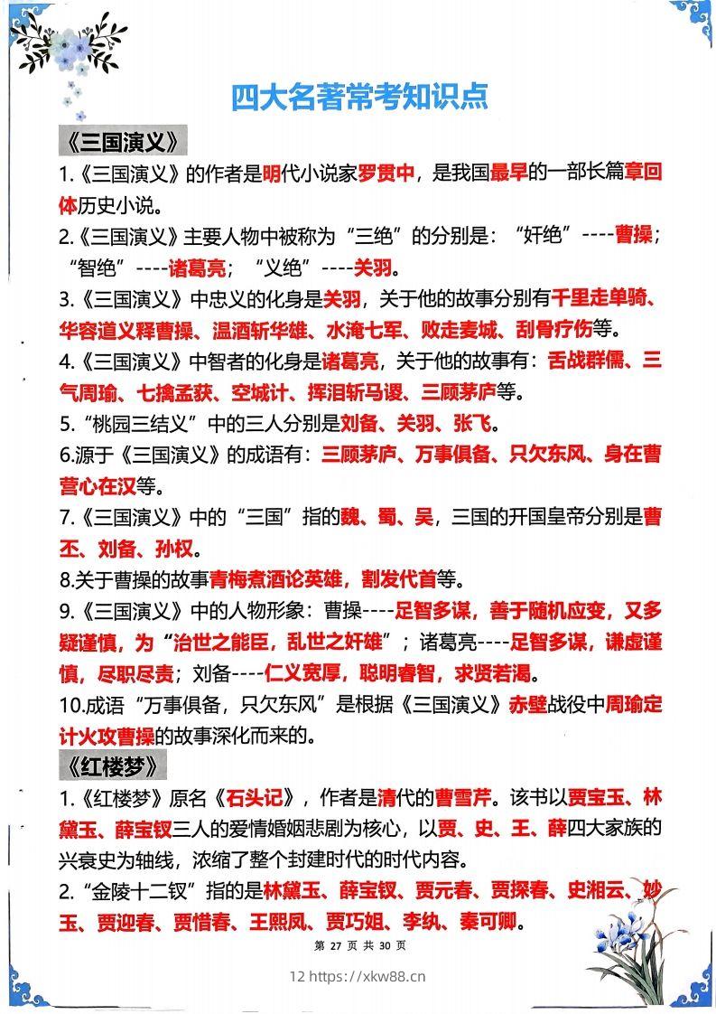 【四大名著】五年级下册语文四大名著常考知识点-佑学宝学科网