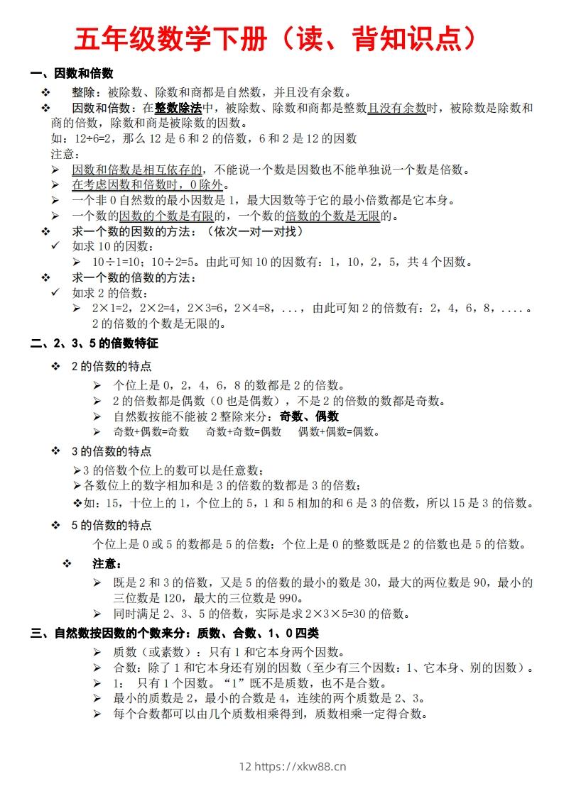 五下数学：知识点读背（通用）-佑学宝学科网