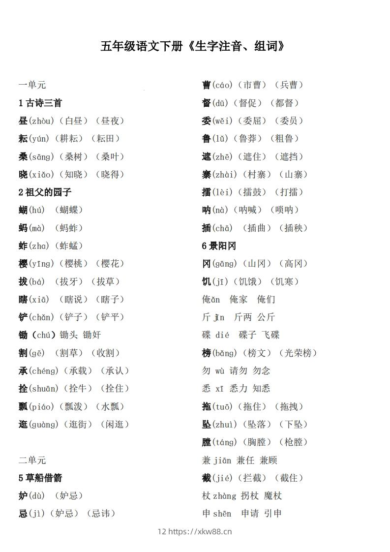 五下语文：《生字注音、组词》-佑学宝学科网