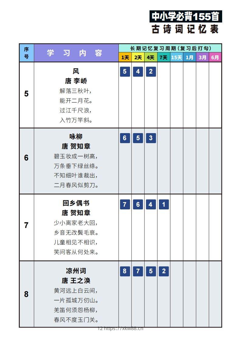 图片[2]-155首古诗词艾宾浩斯记忆表-佑学宝学科网