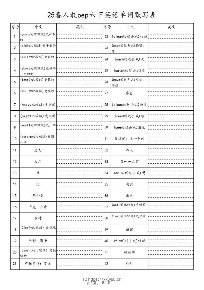 【默写】25春人教pep六下英语单词默写表（3页）-佑学宝学科网