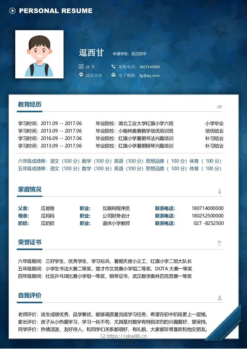 单页-小升初简历08-佑学宝学科网